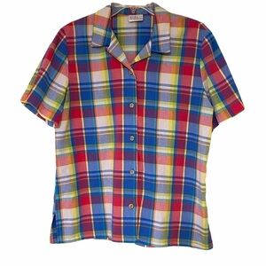 Vintage Rainbow Plaid Short Sleeve Button Down Blouse Sz Med